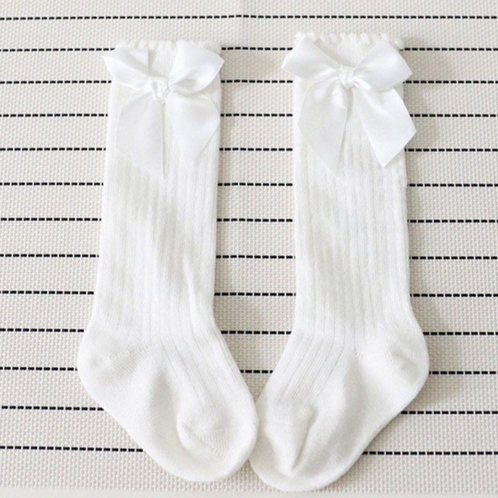 Baby Girl Knee High White Ribbed Knit Sock Satin Bowknot Wedding Accessory 9-12M
